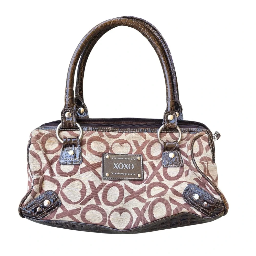 XOXO Monogram Satchel Handbag Brown Tan Canvas Faux Croc‎ Trim Y2K Style Bag D1